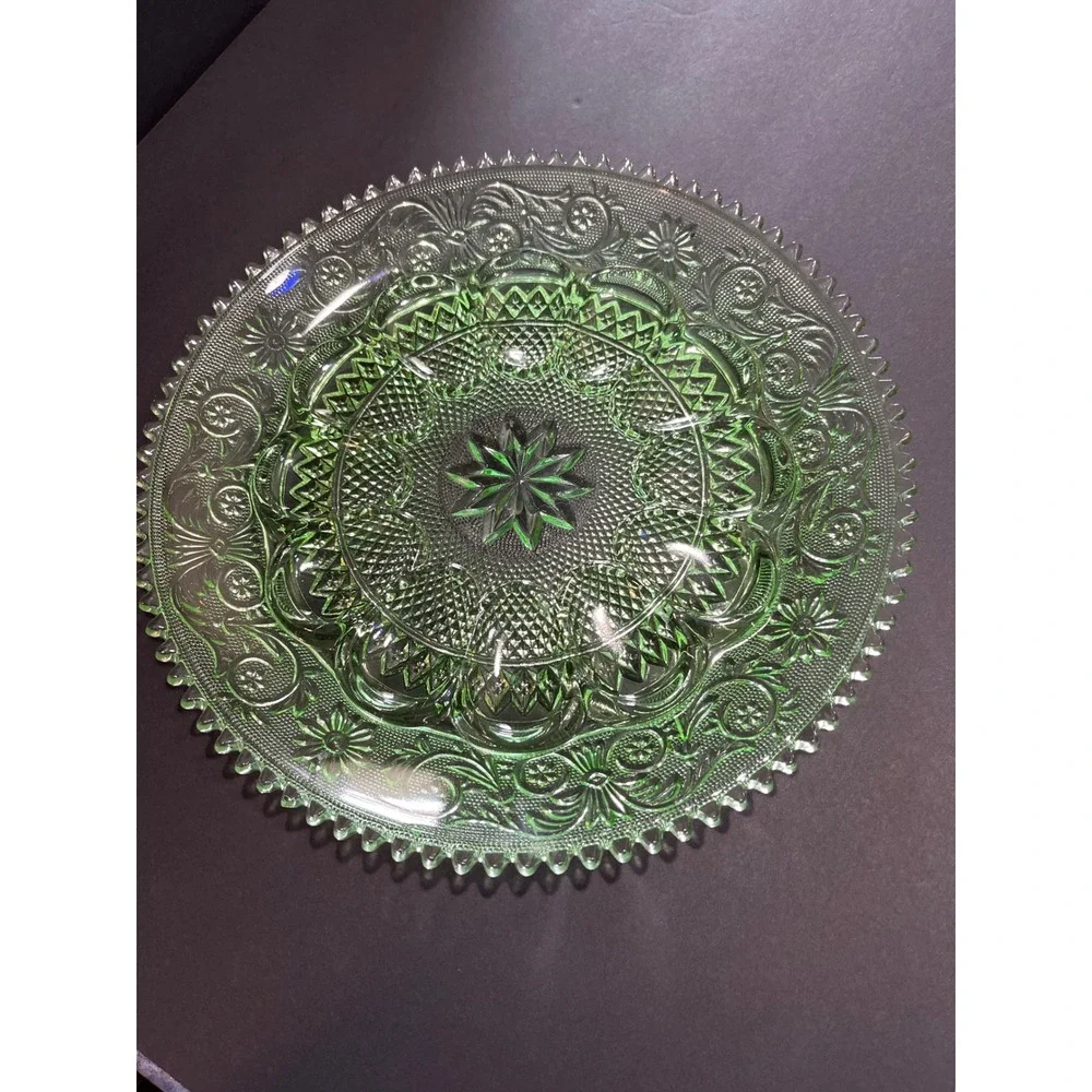 Vintage Green Depression Glass Tiara Sandwich Pattern Platter Scalloped 12 Inch